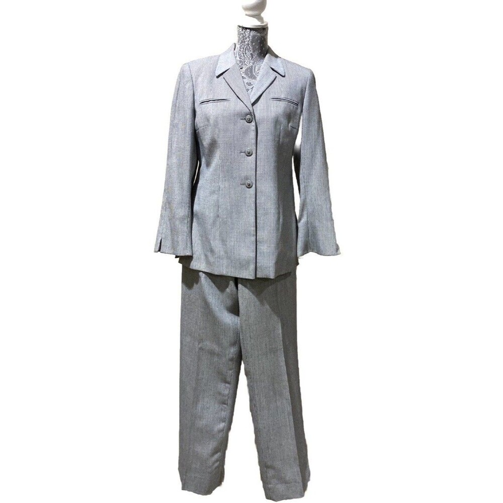 Emily Womens 8 Gray Micro Check Pant Suit 2 Piece Blazer Slacks Career Set